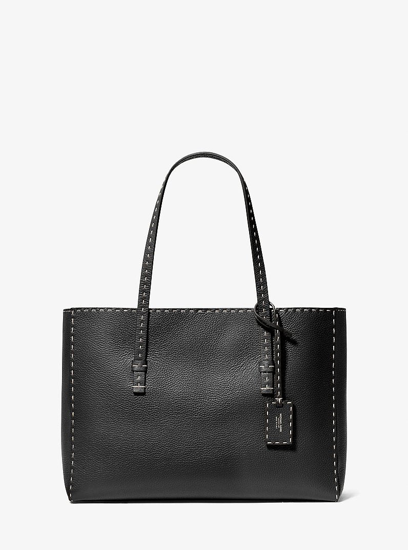 Sharon Hand-Stitched Pebbled Leather Tote Bag in BLACK
