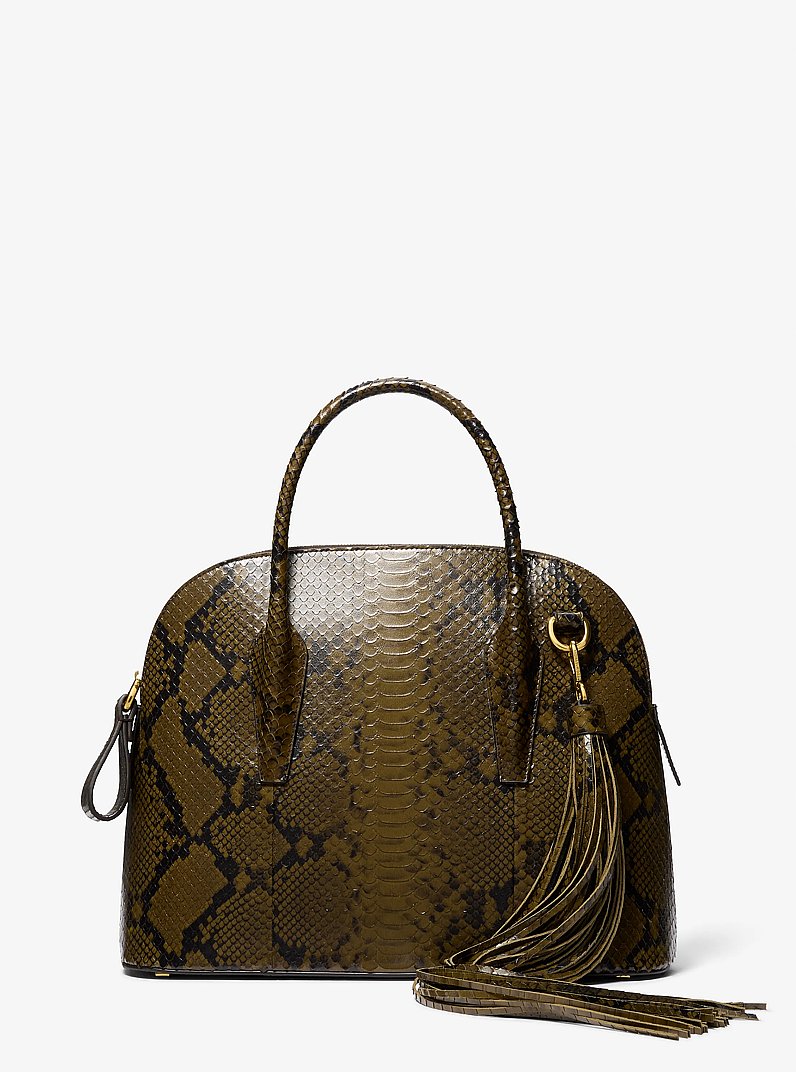 Kaitlin Large Snake Embossed Leather Satchel in FENNEL