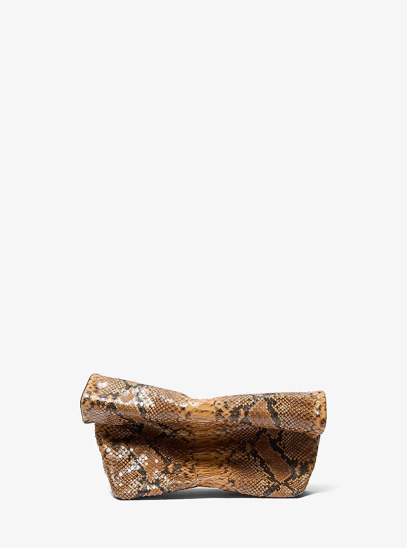 Maggie Snake Embossed Leather Lunch Bag Clutch in CASHEW