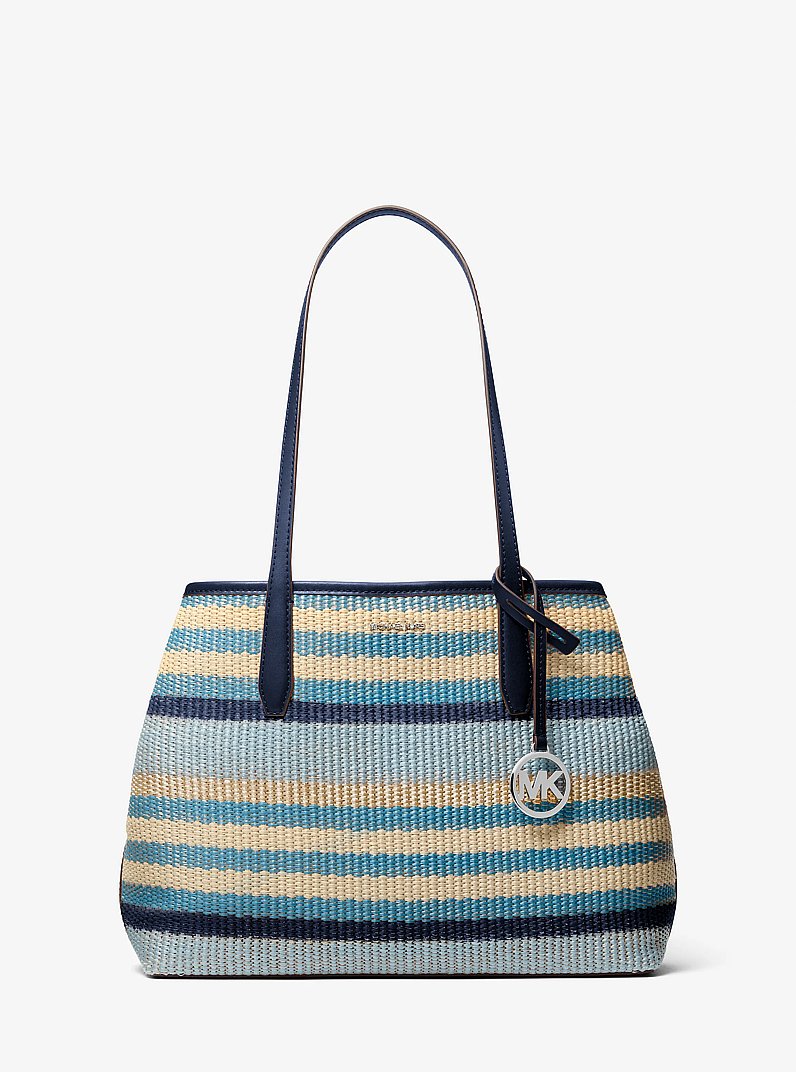 Avalon Medium Striped Woven Tote Bag in NAVY