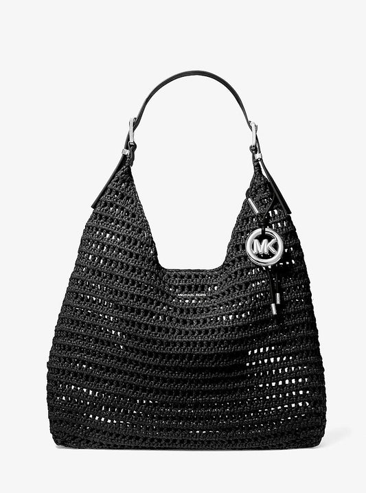Michael Kors Nolita Large Crocheted Hobo Shoulder Bag | Limited Edition — Made in Italy en Black/Black — vista frontal | Original Export