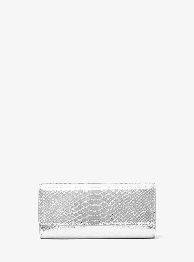 Cate Metallic Snake Embossed Leather Clutch in SILVER