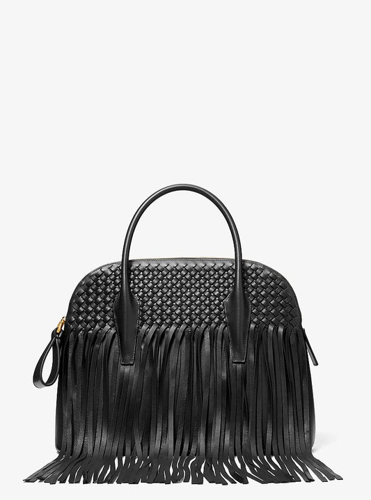 Michael Kors Kaitlin Large Fringed Woven Leather Dome Satchel | Limited Edition — Made in Italy en Black — vista frontal | Original Export
