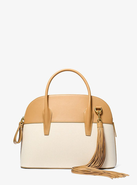 Michael Kors Kaitlin Large Canvas and Leather Satchel | Limited Edition — Made in Italy en Cashew/Ecru — vista frontal | Original Export