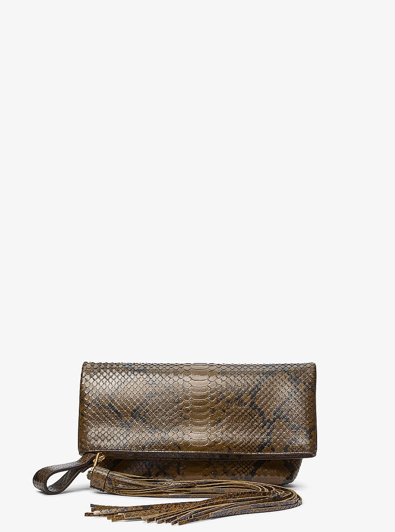 Lily Snake Embossed Leather Foldover Clutch in FENNEL