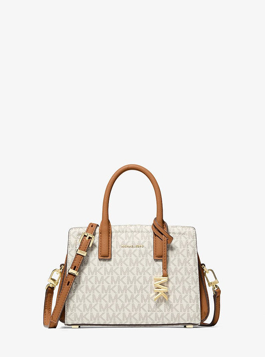 Michael Kors Laila Extra-Small Signature Logo Crossbody Bag | Limited Edition — Made in Italy en Vanilla/Acorn — vista frontal | Original Export