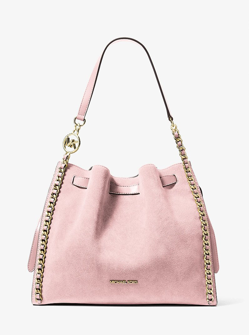 Mina Large Suede Chain Shoulder Bag in POWDER BLUSH