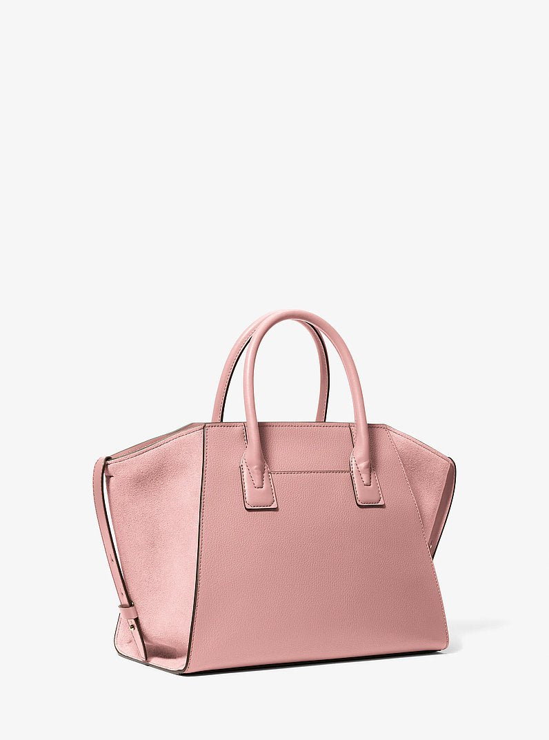 Bolsa Michael Kors Avril Large Leather and Suede Satchel, Couro e Suede, cor Powder Blush (Rosa Empoeirado), detalhe do material | Original Exports
