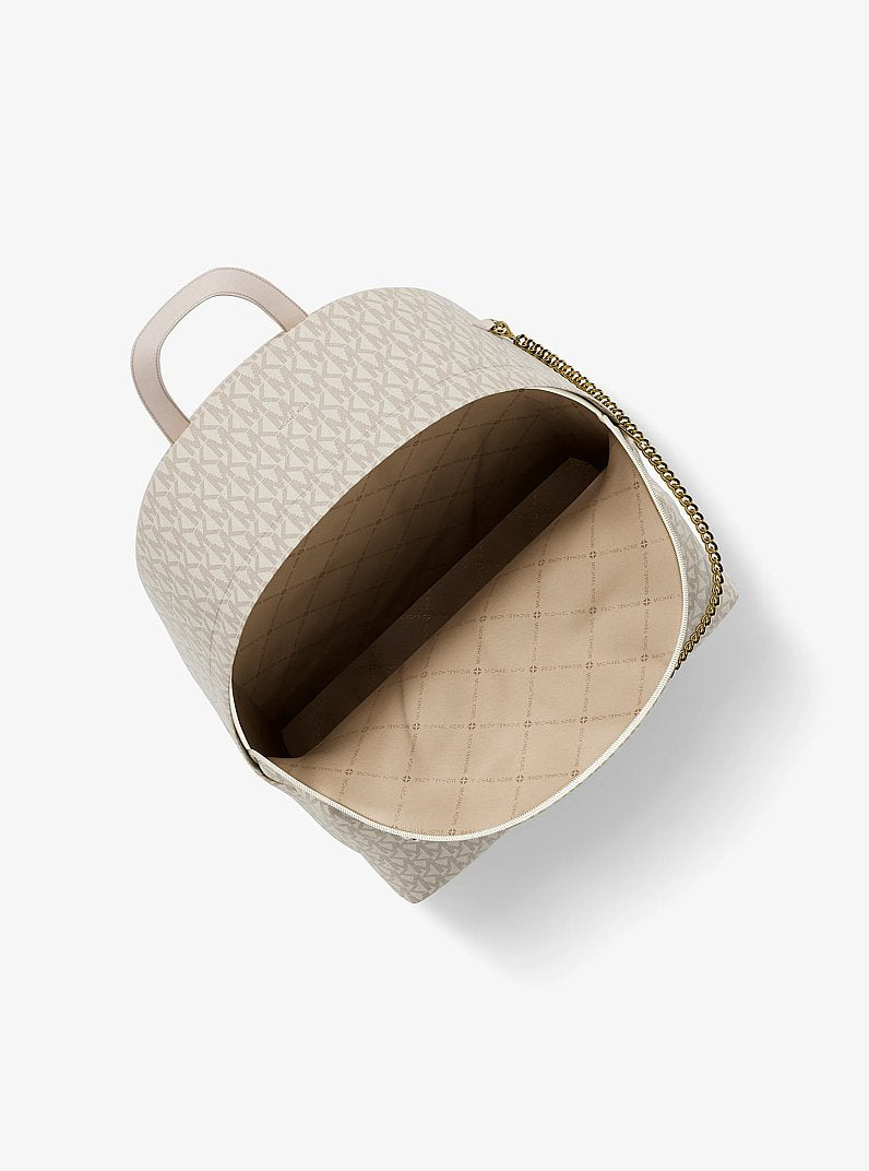 Mochila Michael Kors Slater Medium Signature Logo Backpack, Lona com Logo Signature, cor Creme Claro Multicolor, vista lateral | Original Exports