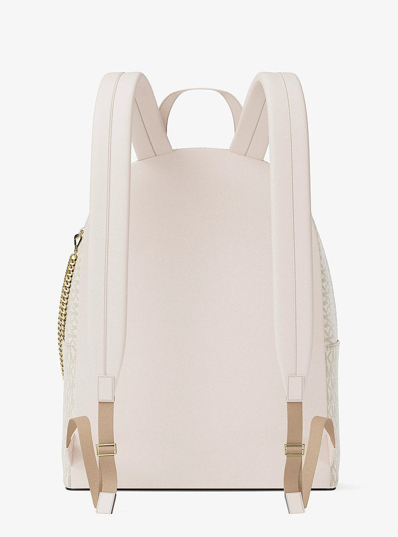 Mochila Michael Kors Slater Medium Signature Logo Backpack, Lona com Logo Signature, cor Creme Claro Multicolor, detalhe do material | Original Exports