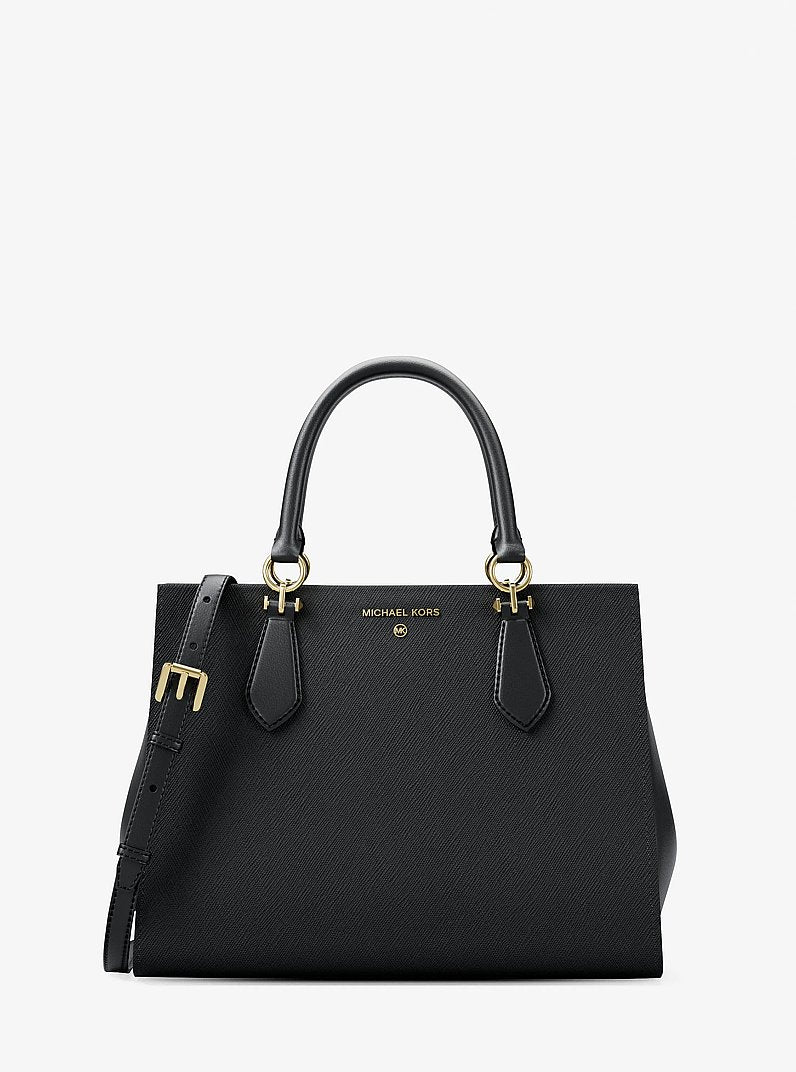 Bolsa Michael Kors Marilyn Medium Saffiano Leather Satchel, Couro Saffiano, cor Preto, vista frontal | Original Exports
