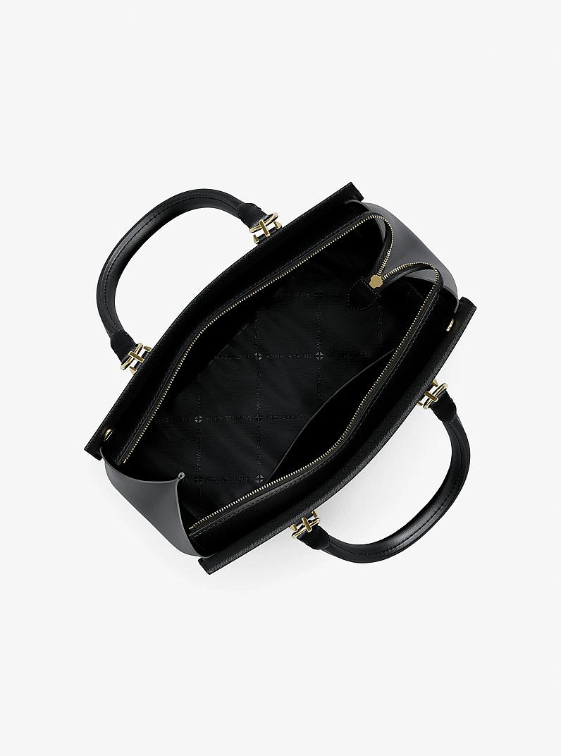Bolsa Michael Kors Marilyn Medium Saffiano Leather Satchel, Couro Saffiano, cor Preto, vista lateral | Original Exports