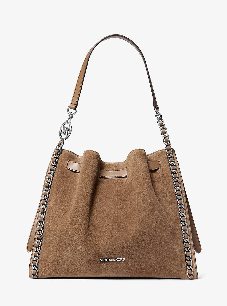 Mina Large Suede Chain Shoulder Bag in DENIM