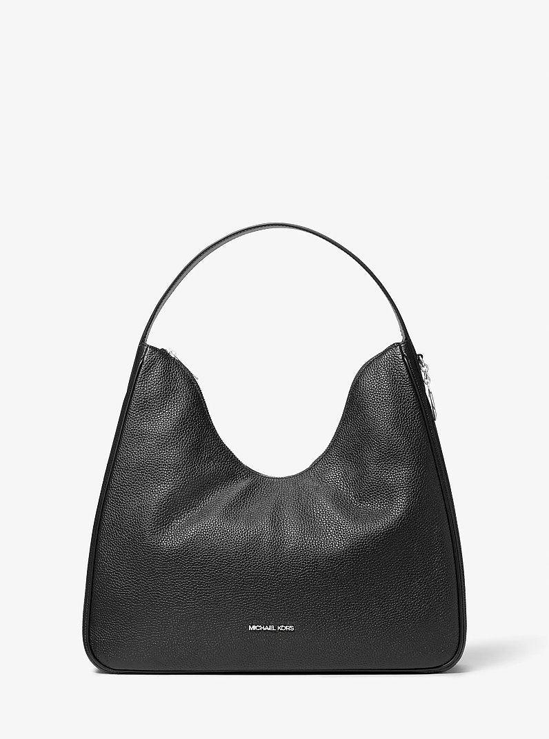Nayla Medium Pebbled Leather Hobo Shoulder Bag in BLACK