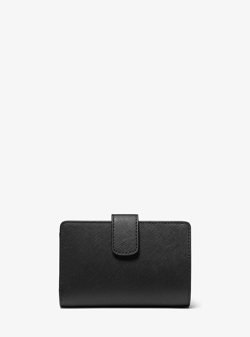Carteira Michael Kors Medium Crossgrain Leather Wallet, Couro Crossgrain, cor Preto, detalhe do material | Original Exports