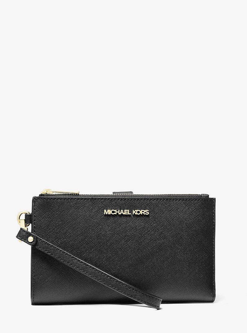 Carteira de Pulso para Celular Michael Kors Jet Set Large Leather Smartphone Wristlet Wallet, Couro Saffiano, cor Preto, vista frontal | Original Exports