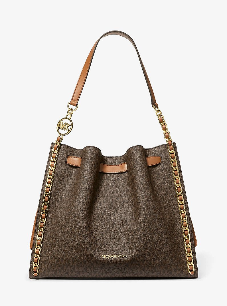 Mina Large Signature Logo Chain Shoulder Bag in BROWN
