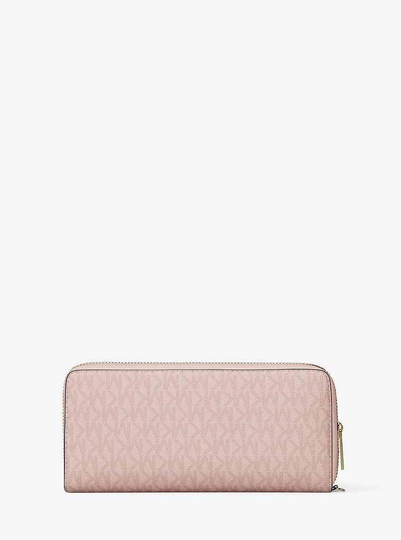 Carteira de Pulso Michael Kors Jet Set Travel Large Signature Logo Continental Wristlet, Lona com Logo Signature, cor Powder Blush (Rosa Empoeirado), detalhe do material | Original Exports