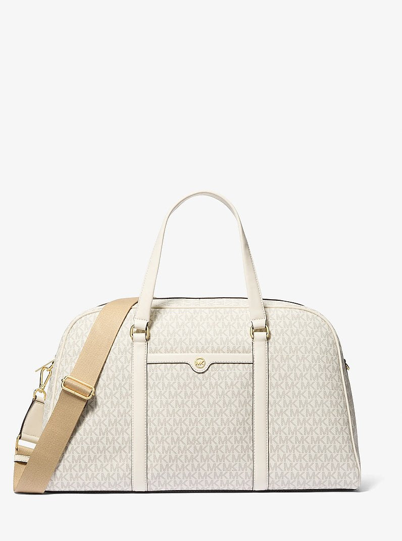 Bolsa Michael Kors Jet Set Travel Extra-Large Signature Logo Weekender Bag, Lona com Logo Signature, cor Creme Claro Multicolor, vista frontal | Original Exports