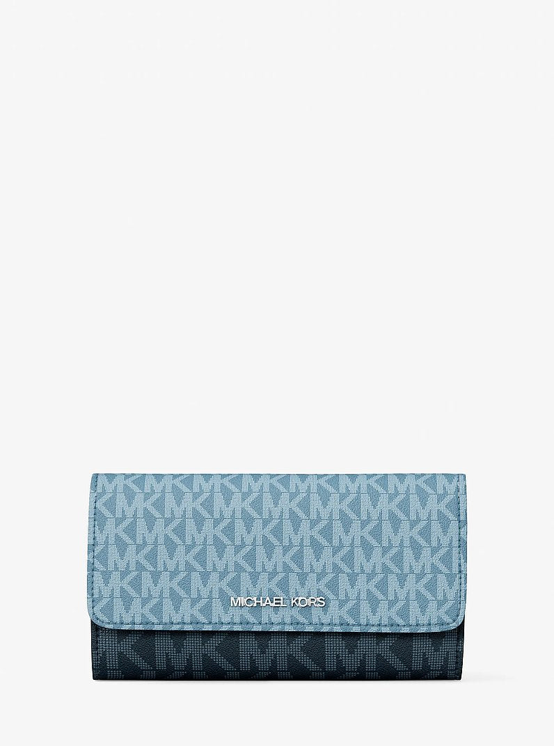 Carteira Michael Kors Jet Set Travel Signature Logo Tri-Fold Wallet, Lona com Logo Signature, cor Jeans Multicolor, vista frontal | Original Exports