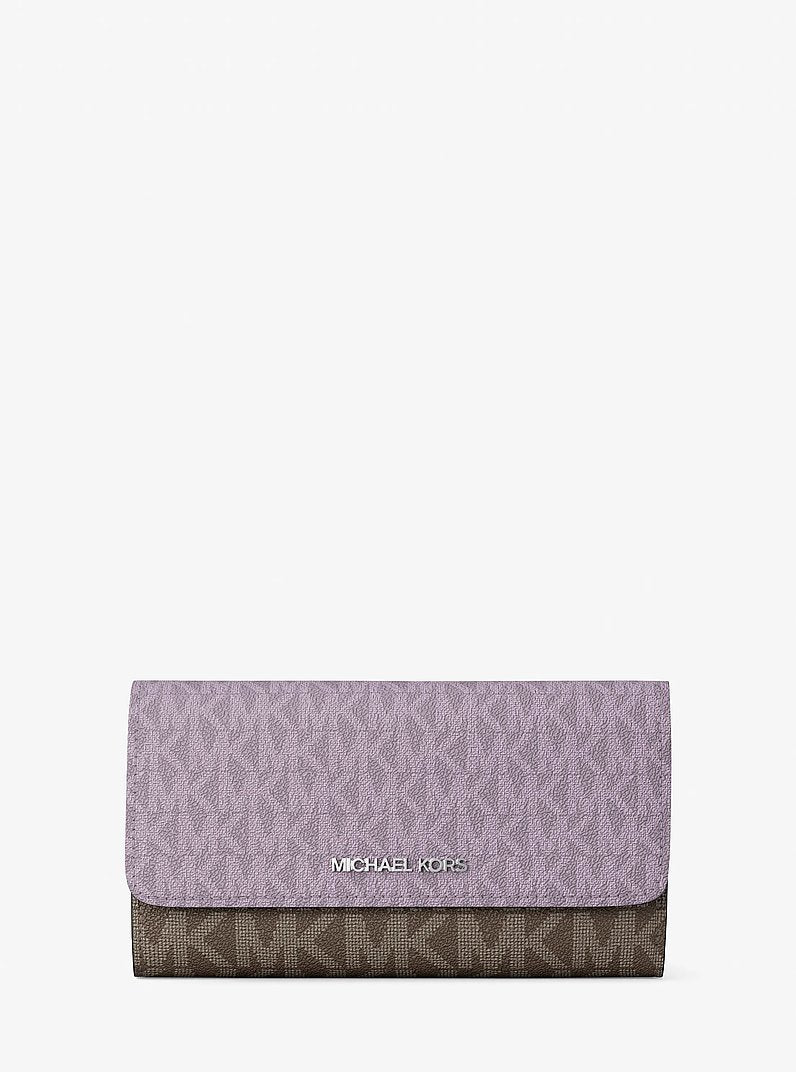 Carteira Michael Kors Jet Set Travel Signature Logo Tri-Fold Wallet, Lona com Logo Signature, cor Lilás, vista frontal | Original Exports