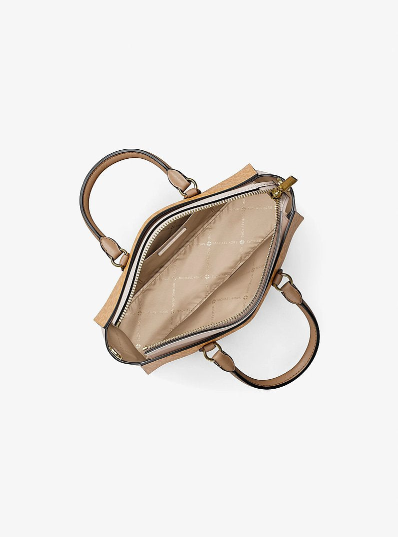 Bolsa Michael Kors Arden Small Color-Block Signature Logo Messenger Bag, Lona com Logo Signature, cor Honeywheat Multicolor, vista lateral | Original Exports