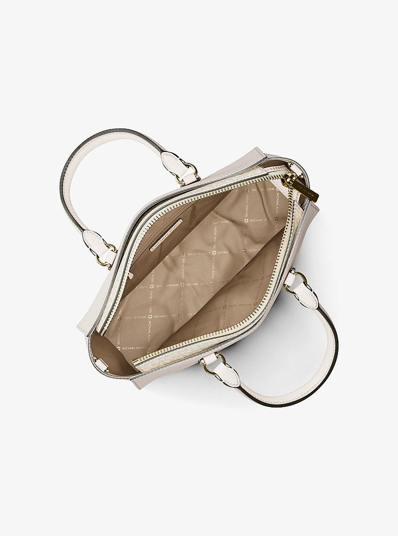 Bolsa Michael Kors Arden Medium Leather Top-Zip Satchel, Couro Pebbled, cor Creme Claro, vista lateral | Original Exports