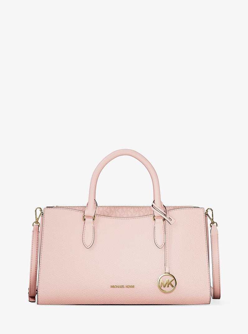 Bolsa Michael Kors Arden Medium Leather Top-Zip Satchel, Couro Pebbled, cor Powder Blush (Rosa Empoeirado), vista frontal | Original Exports