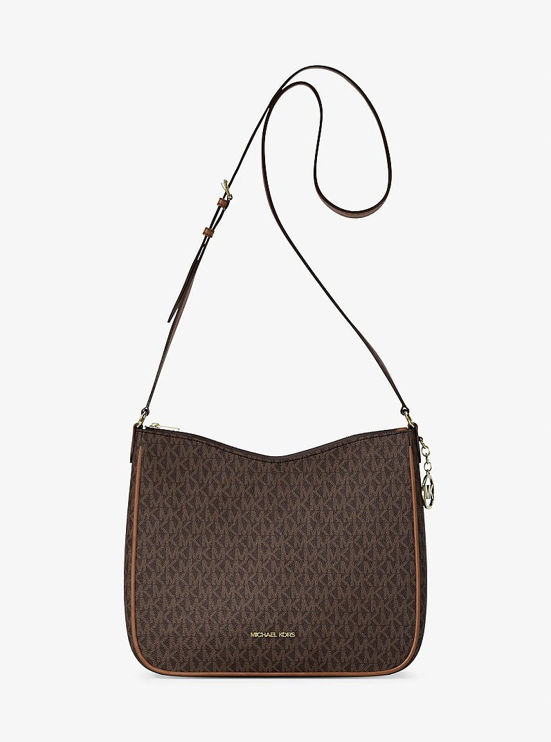 Bolsa Michael Kors Nayla Medium Signature Logo Messenger Bag, Lona com Logo Signature, cor Marrom, vista frontal | Original Exports