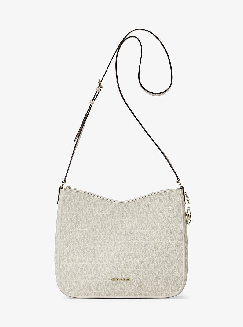 Bolsa Michael Kors Nayla Medium Signature Logo Messenger Bag, Lona com Logo Signature, cor Creme Claro Multicolor, vista frontal | Original Exports