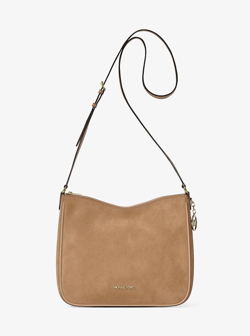 Bolsa Michael Kors Nayla Medium Pebbled Leather Messenger Bag, Couro Pebbled, cor Camel, vista frontal | Original Exports