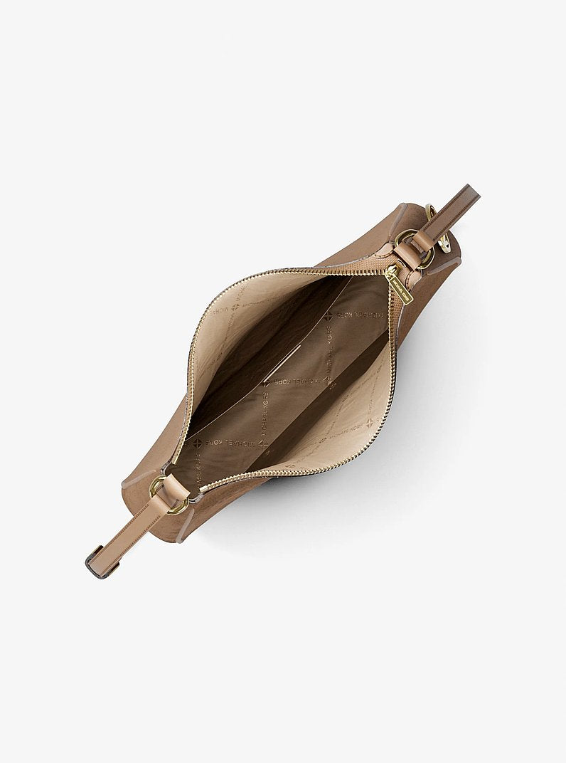 Bolsa Michael Kors Nayla Medium Pebbled Leather Messenger Bag, Couro Pebbled, cor Camel, vista lateral | Original Exports