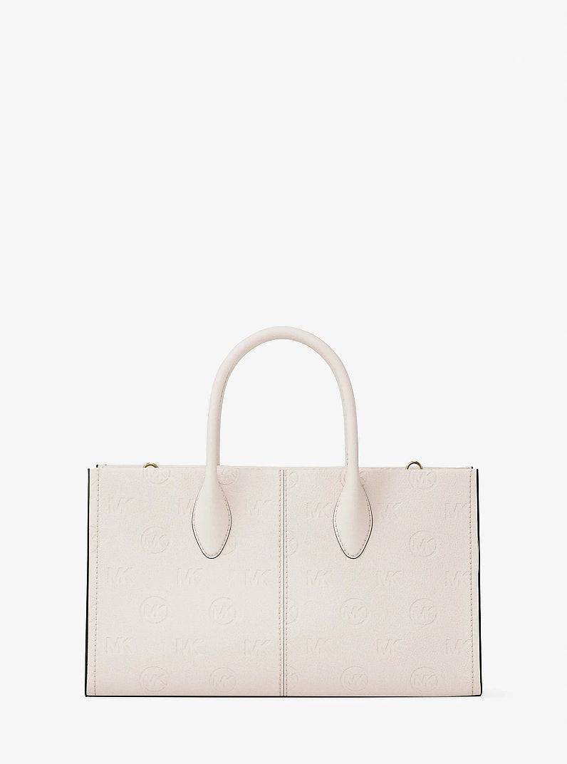 Bolsa Michael Kors Mirella Medium Logo Debossed Satchel, Couro Vegano, cor Creme Claro, vista adicional 5 | Original Exports