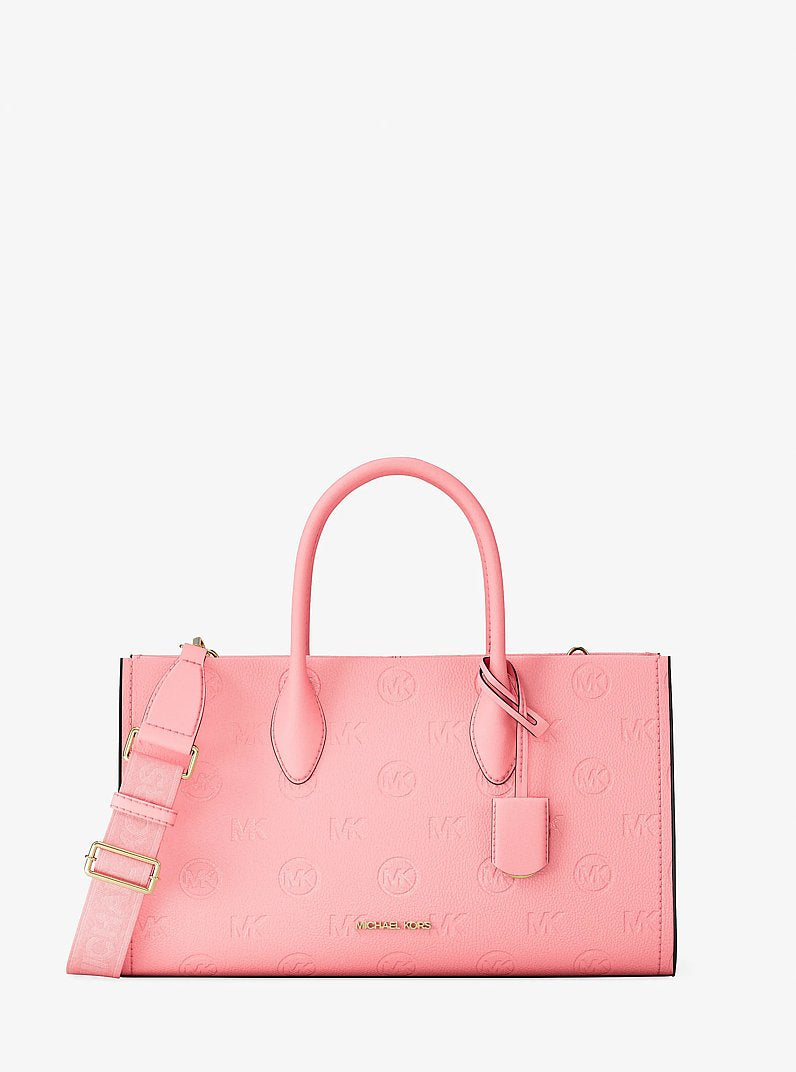 Bolsa Michael Kors Mirella Medium Logo Debossed Satchel, Couro Vegano, cor Carnation (Rosa Cravo), vista frontal | Original Exports