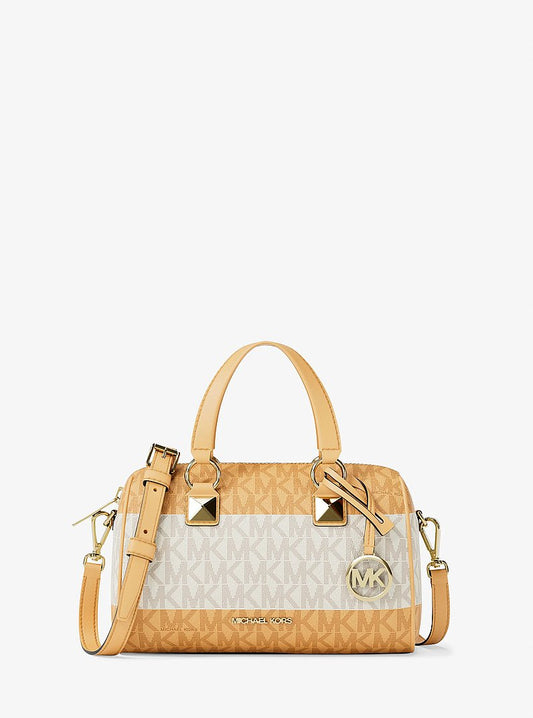 Michael Kors Grayson Small Striped Signature Logo Duffel Crossbody Bag en Navy — vista frontal | Original Export