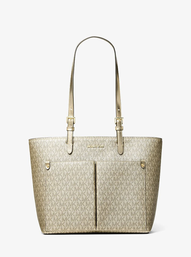Bolsa Michael Kors Jet Set Medium Metallic Signature Logo Pocket Tote Bag, Lona Metálica com Logo Signature, cor Dourado Claro, vista frontal | Original Exports