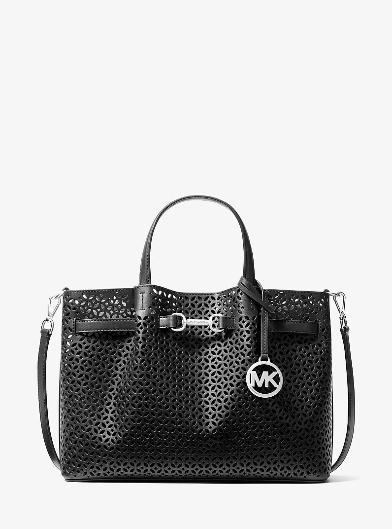 Bolsa Michael Kors Carson Medium Floral Laser Cut Satchel, Couro Vegano, cor Preto, vista frontal | Original Exports