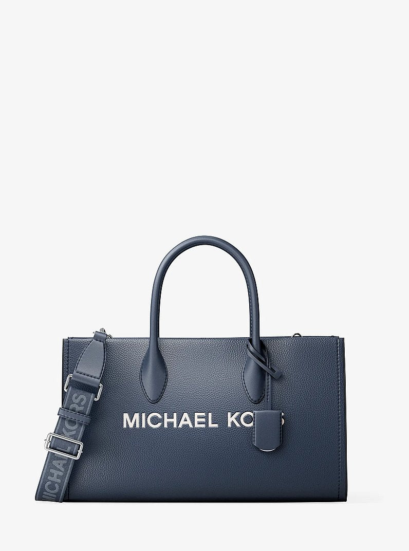 Bolsa Michael Kors Mirella Medium Pebbled Leather Satchel, Couro Pebbled, cor Azul Marinho, vista frontal | Original Exports