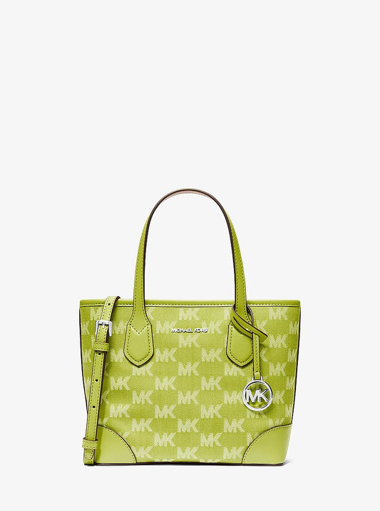 Michael Kors Eva Extra-Small Logo Jacquard Denim Convertible Tote Bag en Lime — vista frontal | Original Export
