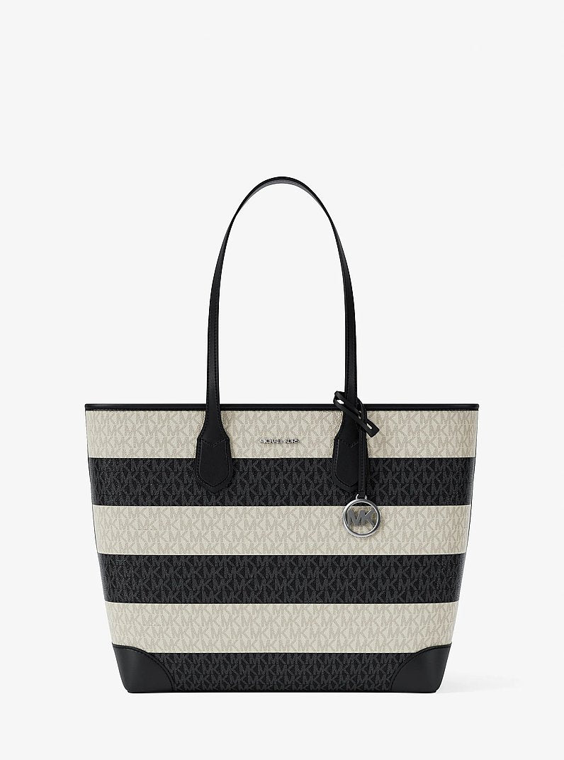 Eva Large Striped Signature Logo Tote Bag in BLACK