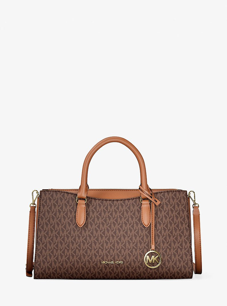 Bolsa Michael Kors Arden Medium Signature Logo Top-Zip Satchel, Lona com Logo Signature, cor Marrom, vista frontal | Original Exports