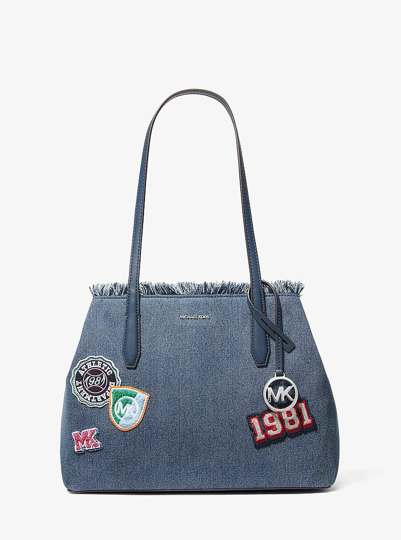 Avalon Medium Embellished Denim Convertible Tote Bag in WASHED DENIM