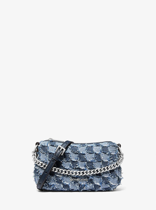 Michael Kors Carmela Small Patchwork Denim Convertible Crossbody Bag en Washed Denim — vista frontal | Original Export