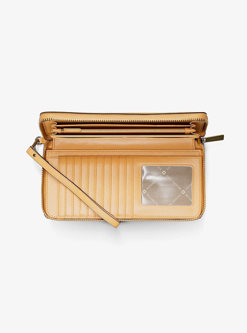 Carteira de Pulso Michael Kors Jet Set Travel Large Pebbled Leather Wristlet, Couro Pebbled, cor Honeywheat (Dourado Acastanhado), vista lateral | Original Exports