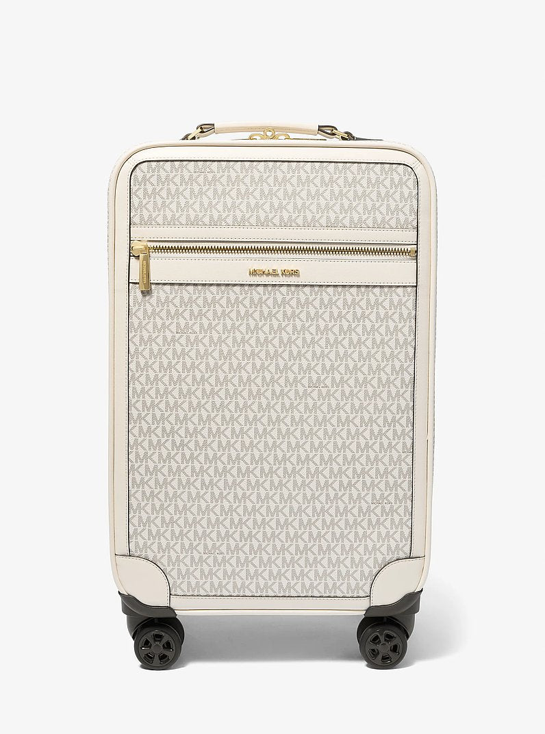 Bolsa Baú Michael Kors Small Signature Logo Suitcase, Lona com Logo Signature, cor Creme Claro Multicolor, vista frontal | Original Exports