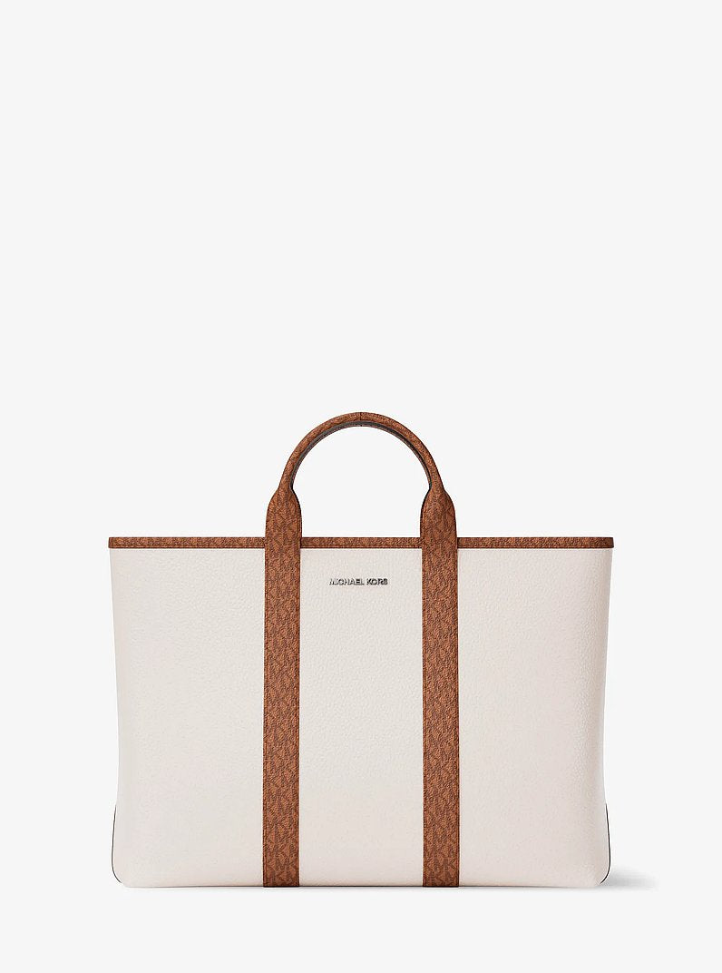 Bolsa Michael Kors Cooper Medium Pebbled Leather and Signature Logo Tote Bag, Couro Pebbled, cor Creme Claro/Luggage, vista frontal | Original Exports