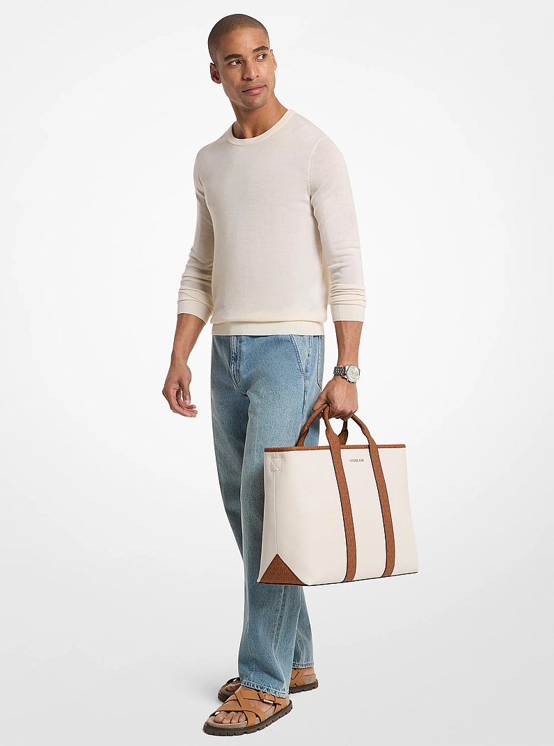 Bolsa Michael Kors Cooper Medium Pebbled Leather and Signature Logo Tote Bag, Couro Pebbled, cor Creme Claro/Luggage, vista interna | Original Exports
