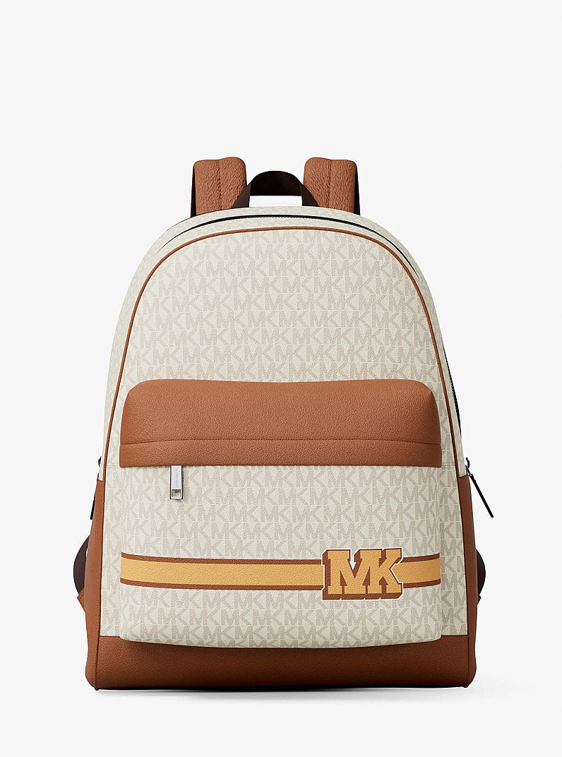 Mochila Michael Kors Pacey Embellished Striped Signature Logo Backpack, Lona com Logo Signature, cor Vanilla Combo, vista frontal | Original Exports
