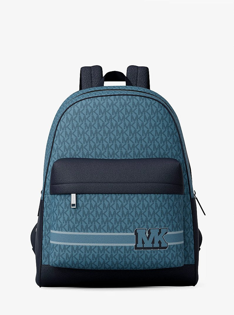 Mochila Michael Kors Pacey Embellished Striped Signature Logo Backpack, Lona com Logo Signature, cor Jeans (Denim), vista frontal | Original Exports