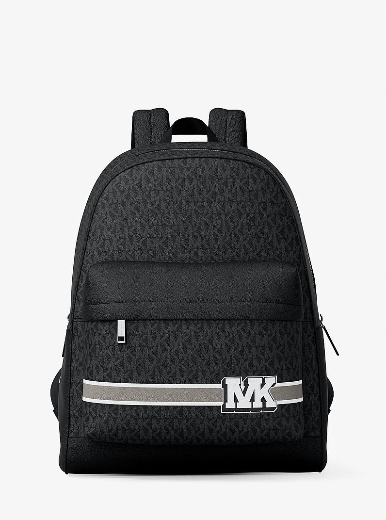 Mochila Michael Kors Pacey Embellished Striped Signature Logo Backpack, Lona com Logo Signature, cor Preto Combo, vista frontal | Original Exports